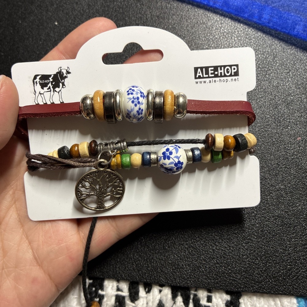 Cute brand new Ale-Hop leather cord multi-strand bracelet wood metal tree life